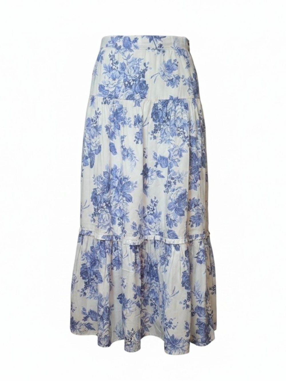 ELIE TAHARI | Blue Floral Tiered Poplin A-Line Maxi Skirt Toile Boho Resort | XL